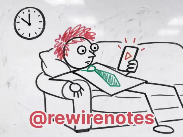 Whiteboard drawing of a person relaxing in an armchair watching videos on a phone